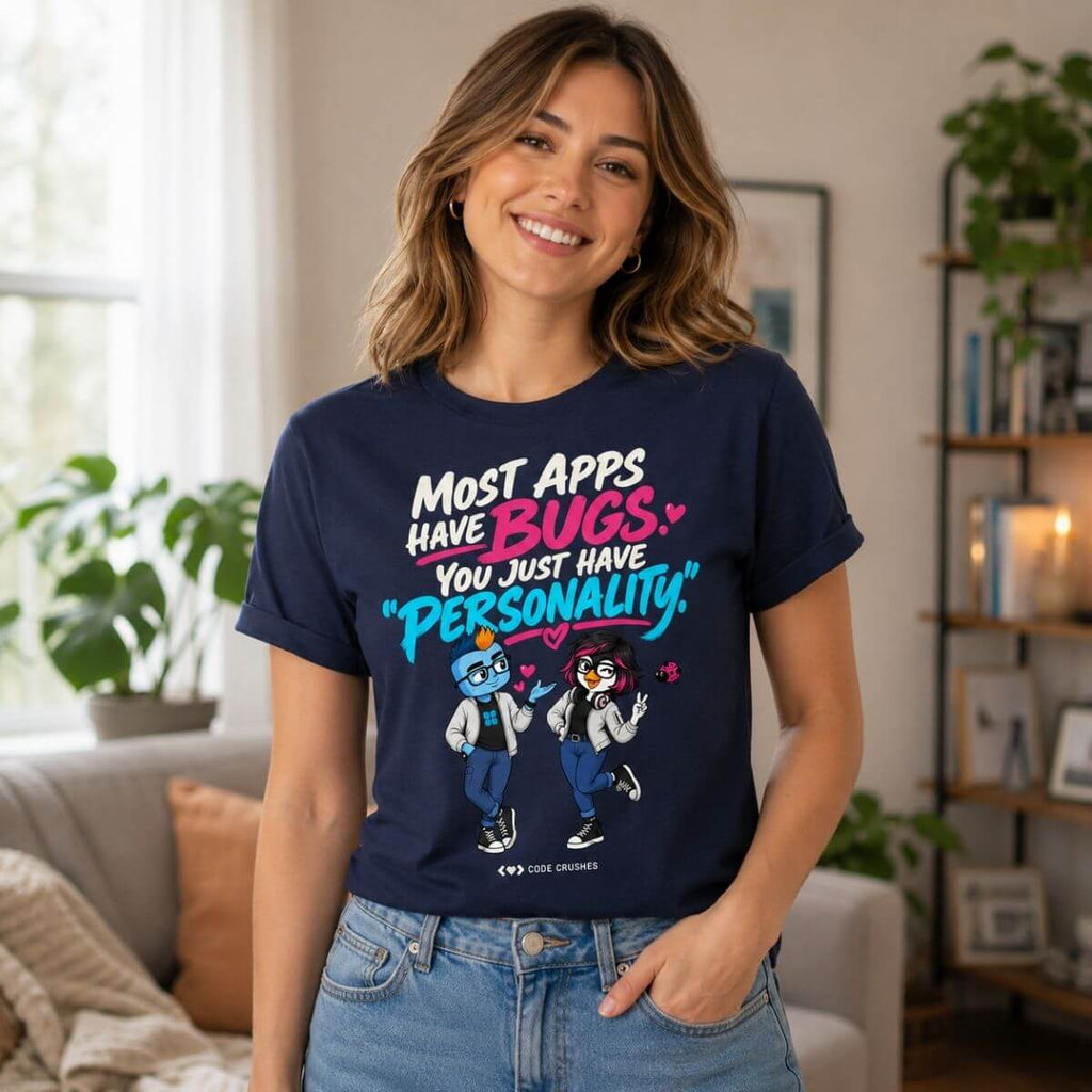 Code Crushes T-SHIRT Most Apps Have Bugs. You Just Have "Personality." T-Shirt