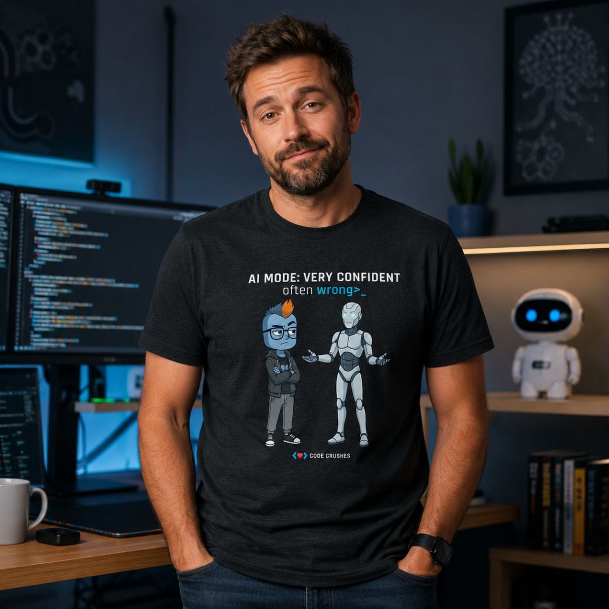 Code Crushes T-SHIRT Black Heather / S AI Mode: Very Confident. Often Wrong. T-Shirt