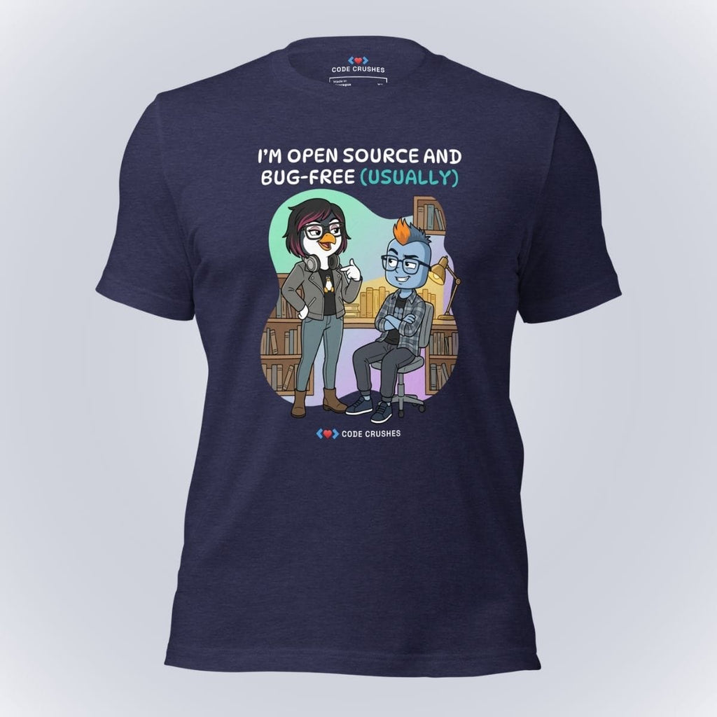 Code Crushes T-SHIRT Heather Midnight Navy / S I'm Open Source and Bug-Free (Usually) T-Shirt
