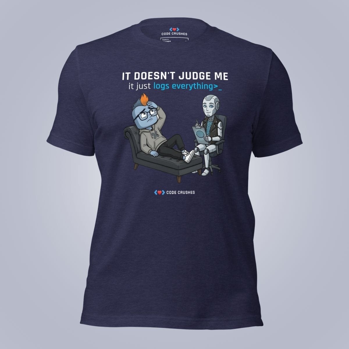 Code Crushes T-SHIRT Heather Midnight Navy / S It Doesn't Judge Me. It Just Logs Everything T-Shirt