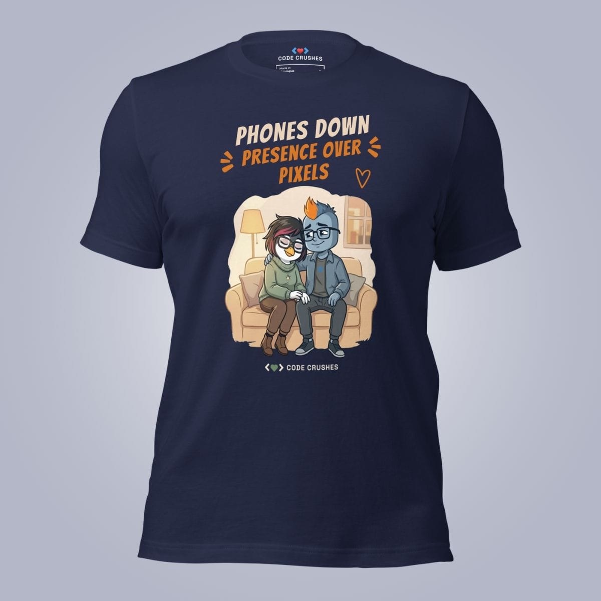 Code Crushes T-SHIRT Navy / S Phones Down. Presence over Pixels. T-Shirt