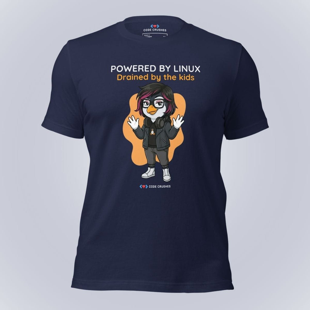 Code Crushes T-SHIRT Navy / S Powered by Linux. Drained by the Kids. T-Shirt
