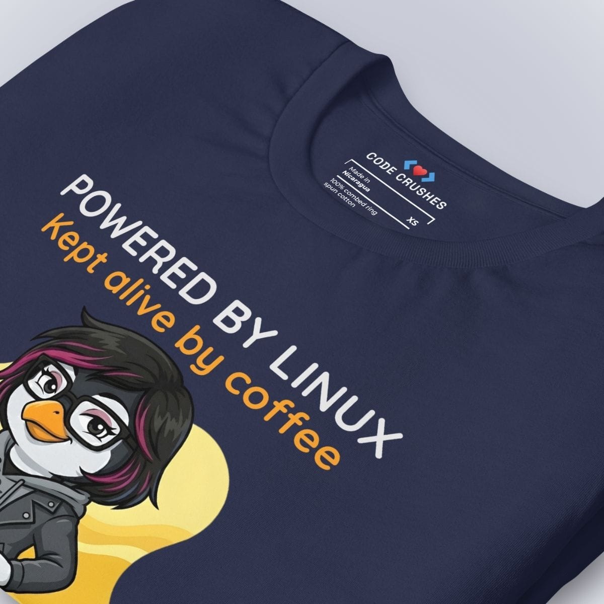 Code Crushes T-SHIRT Powered by Linux. Kept Alive by Coffee. T-Shirt