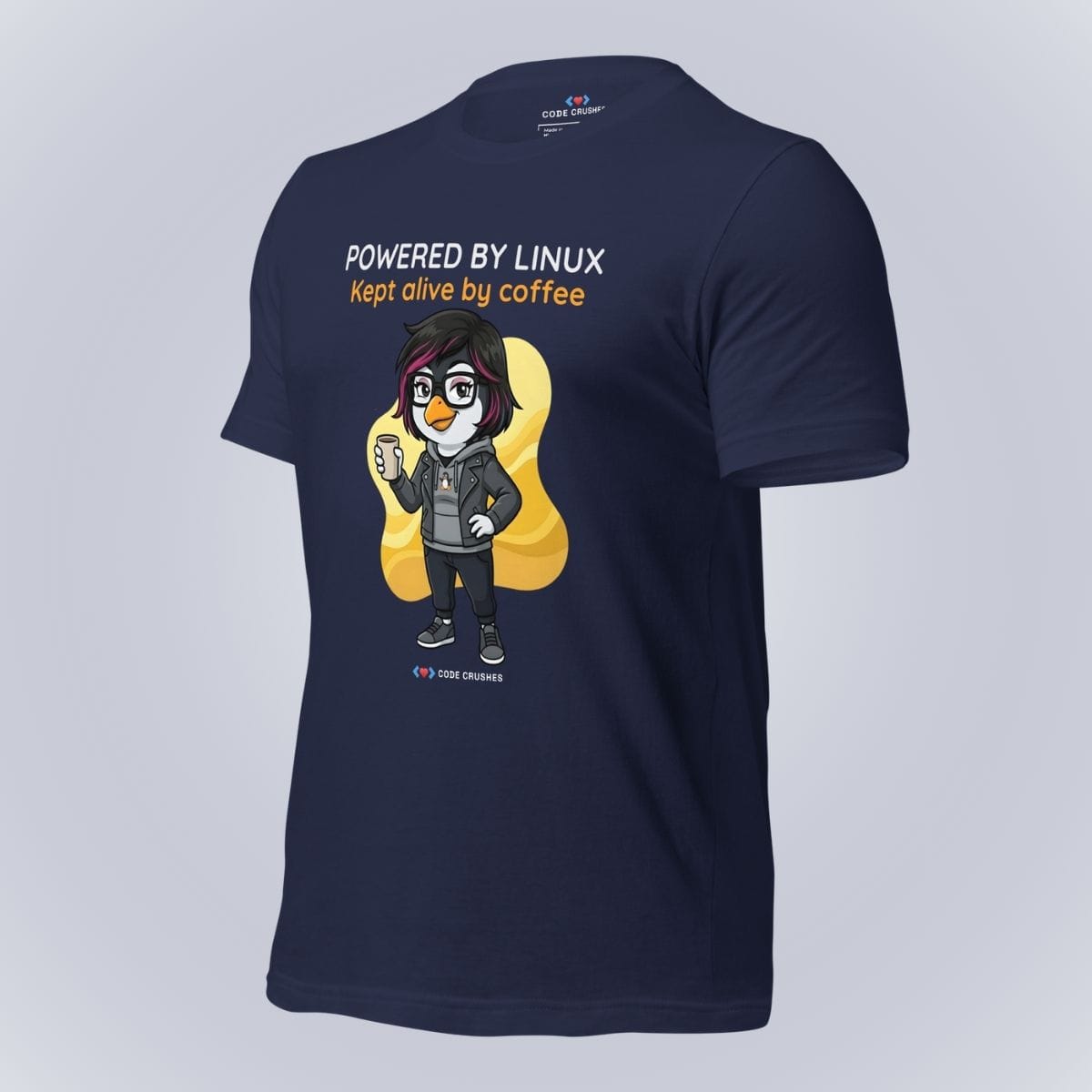 Code Crushes T-SHIRT Powered by Linux. Kept Alive by Coffee. T-Shirt