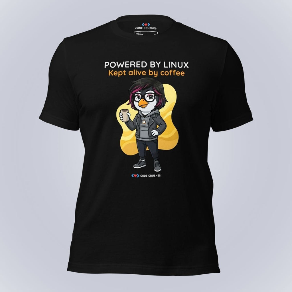 Code Crushes T-SHIRT Black / S Powered by Linux. Kept Alive by Coffee. T-Shirt