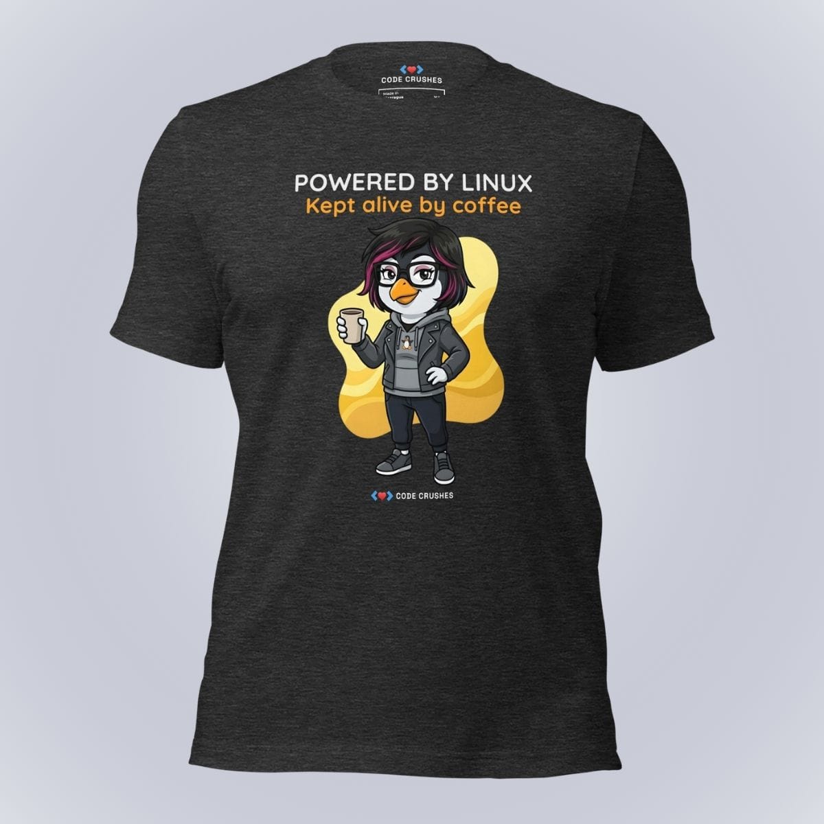 Code Crushes T-SHIRT Dark Grey Heather / S Powered by Linux. Kept Alive by Coffee. T-Shirt