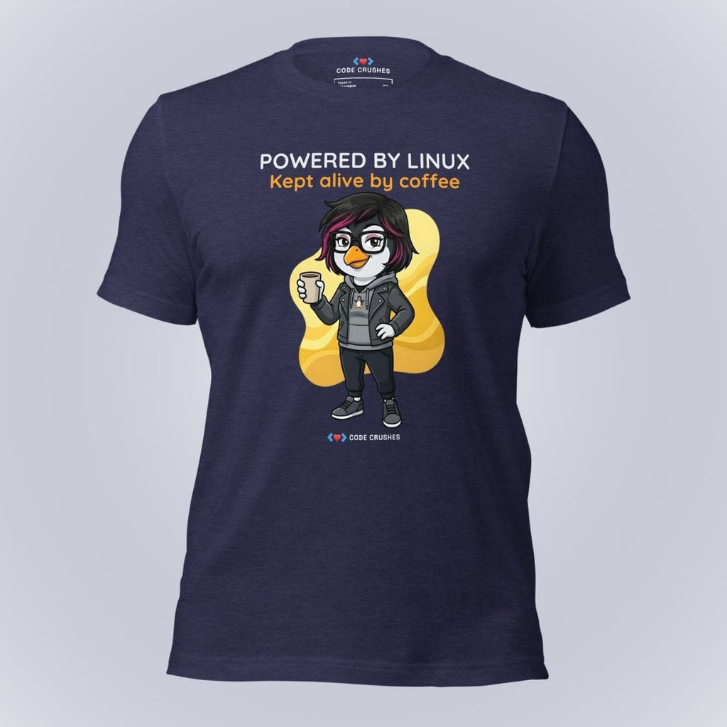 Code Crushes T-SHIRT Heather Midnight Navy / S Powered by Linux. Kept Alive by Coffee. T-Shirt