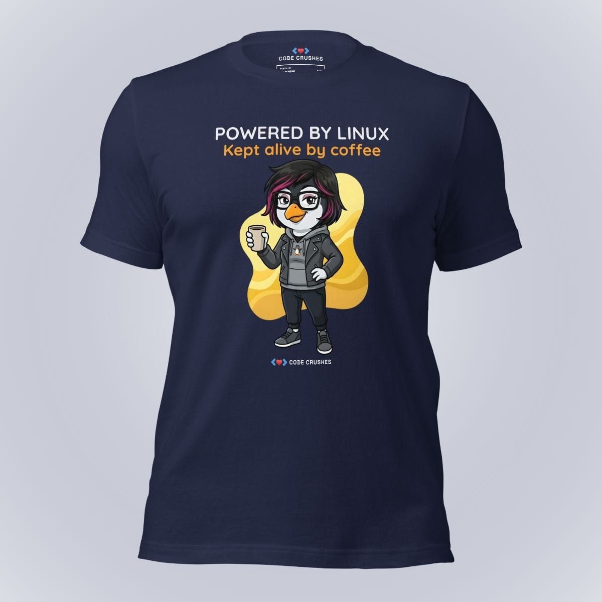 Code Crushes T-SHIRT Navy / S Powered by Linux. Kept Alive by Coffee. T-Shirt