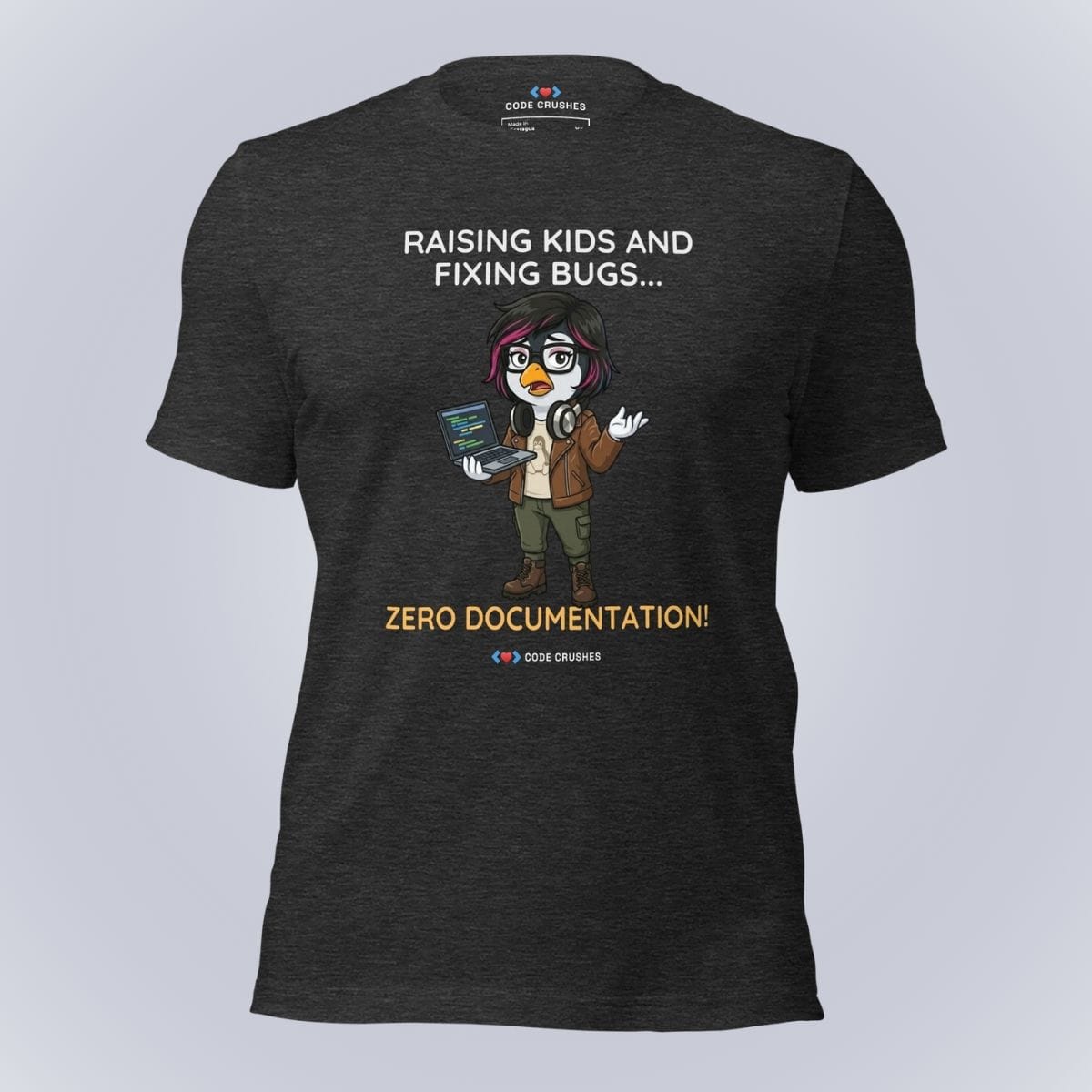 Code Crushes T-SHIRT Dark Grey Heather / S Raising Kids and Fixing Bugs... Zero Documentation. T-Shirt