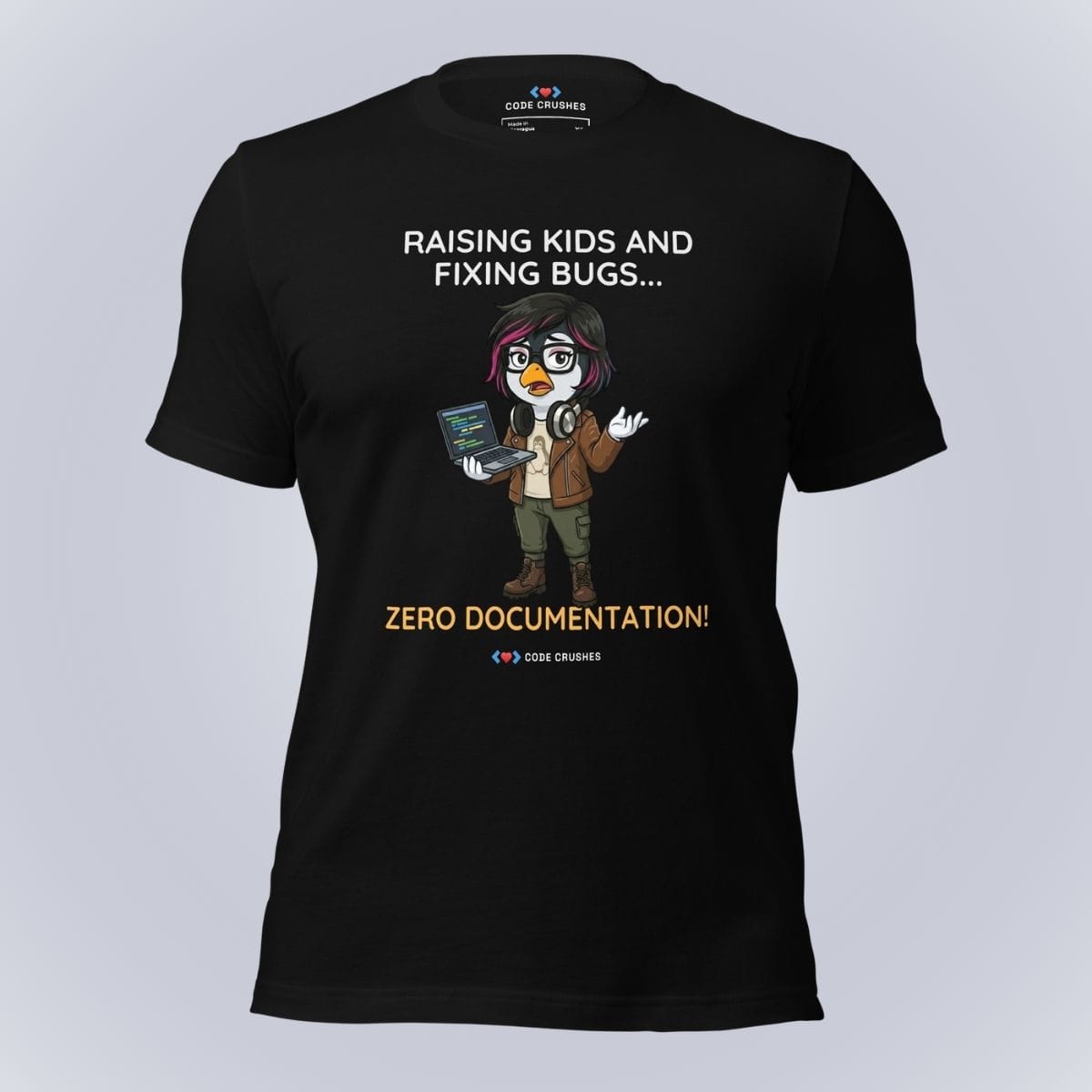 Code Crushes T-SHIRT Black / S Raising Kids and Fixing Bugs... Zero Documentation. T-Shirt