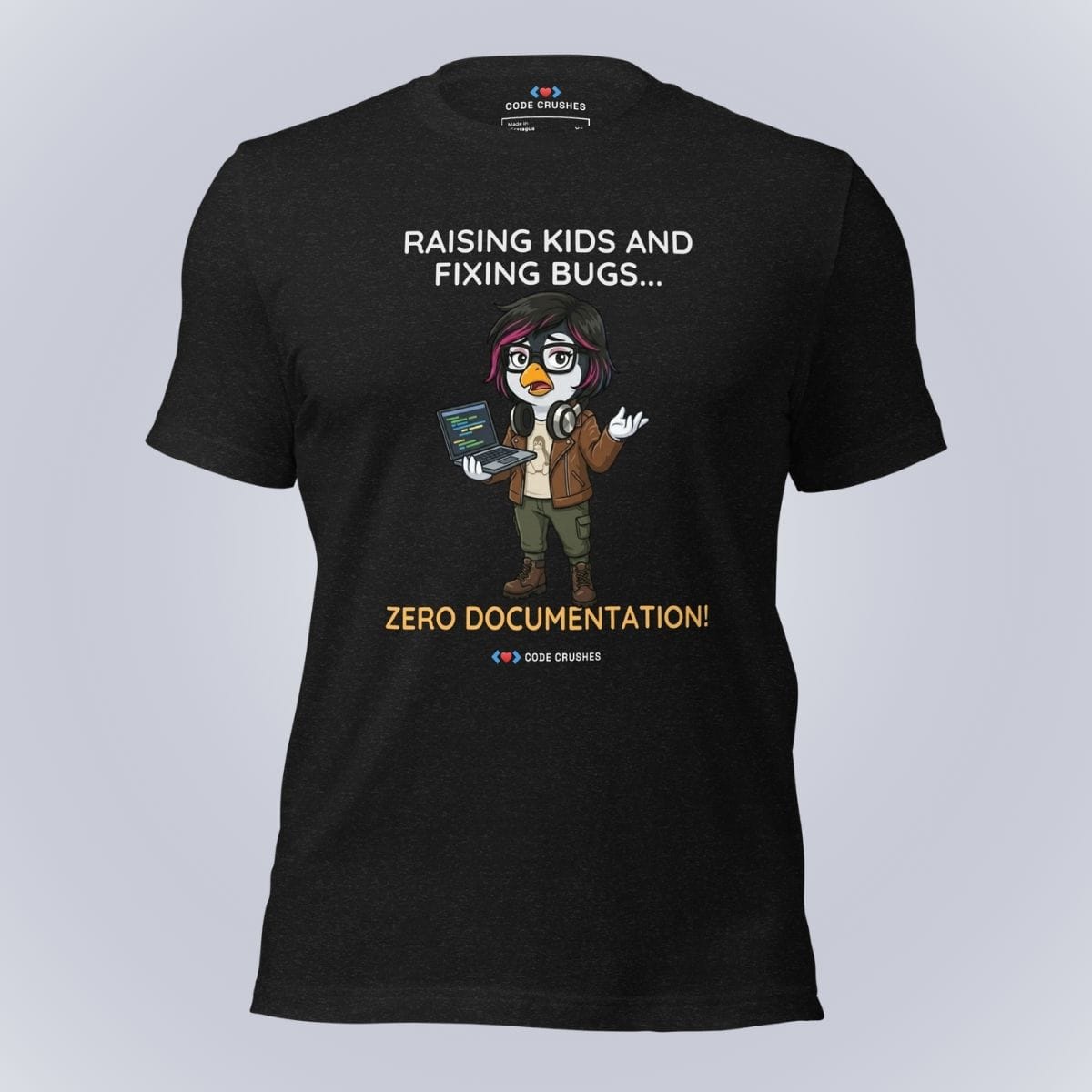 Code Crushes T-SHIRT Black Heather / S Raising Kids and Fixing Bugs... Zero Documentation. T-Shirt